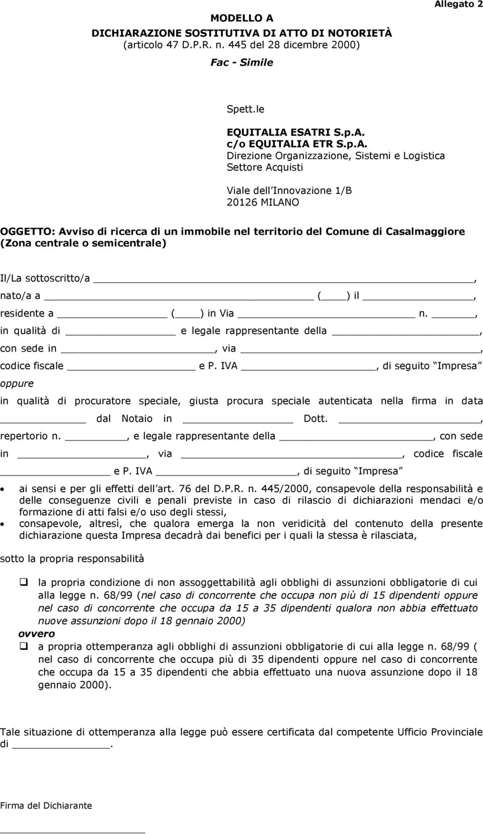 Modello A Dichiarazione Sostitutiva Di Atto Di Notorietà