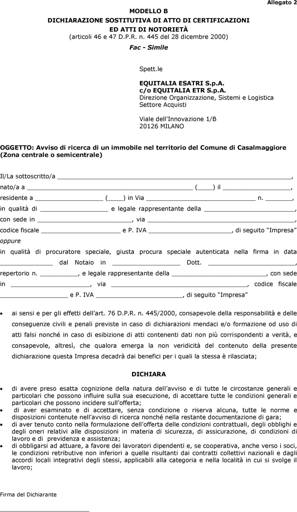 Modello A Dichiarazione Sostitutiva Di Atto Di Notorietà