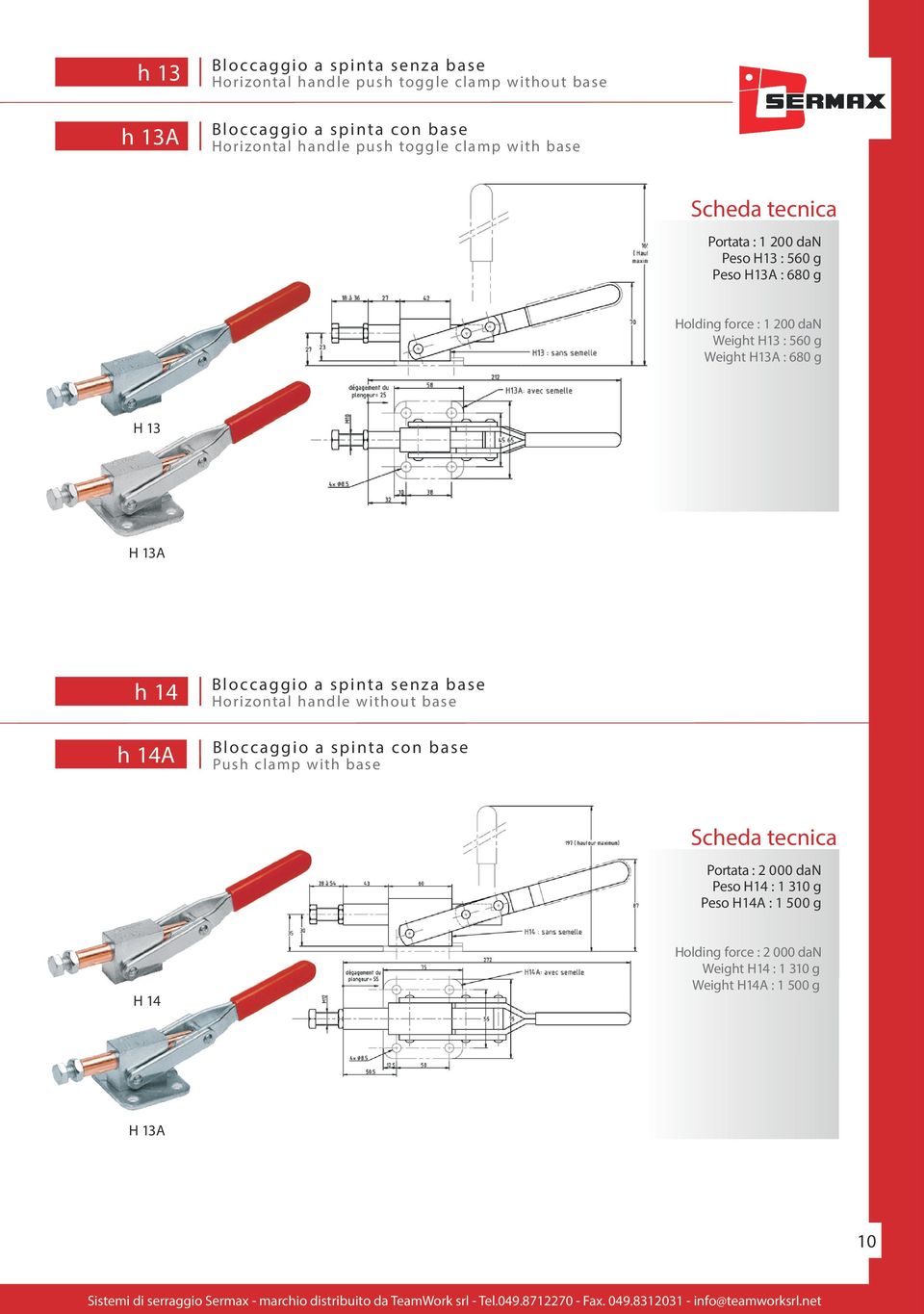 : 680 g H 13 H 13A h 14 h 14A Bloccaggio a spinta senza base Horizontal handle without base Bloccaggio a spinta con base Push clamp with