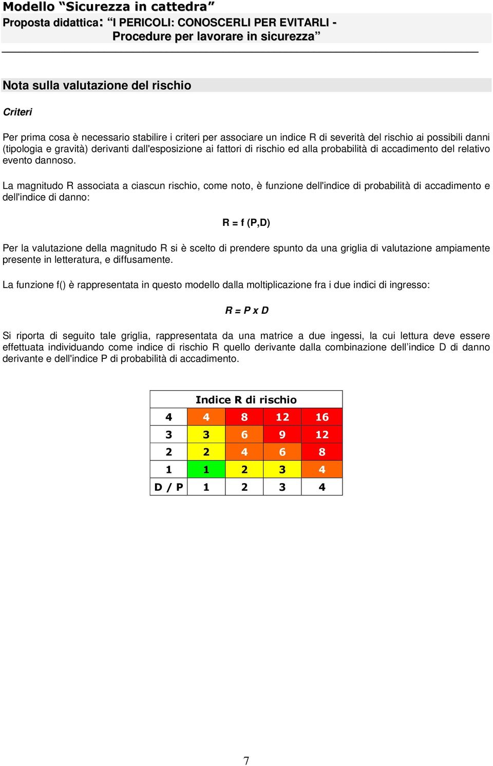 La magnitudo R associata a ciascun rischio, come noto, è funzione dell'indice di probabilità di accadimento e dell'indice di danno: R = f (P,D) Per la valutazione della magnitudo R si è scelto di