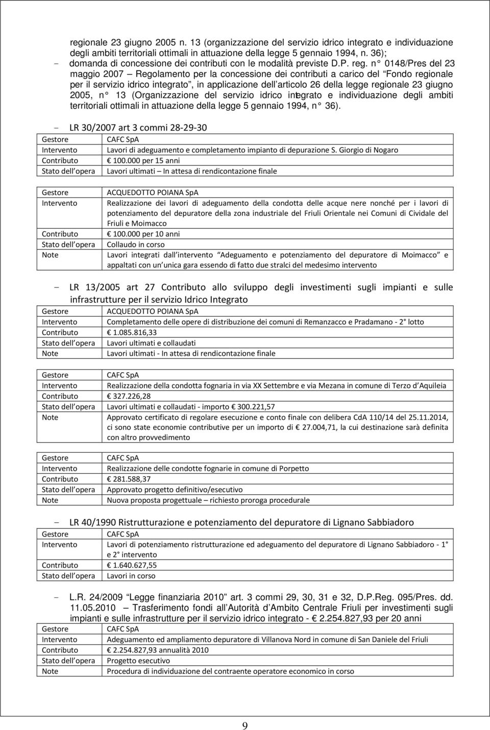 n 0148/Pres del 23 maggio 2007 Regolamento per la concessione dei contributi a carico del Fondo regionale per il servizio idrico integrato, in applicazione dell articolo 26 della legge regionale 23