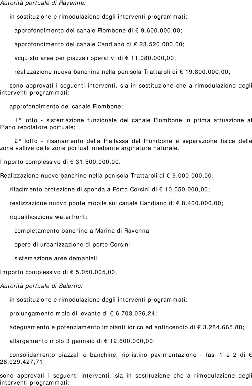 000,00; sono approvati i seguenti interventi, sia in sostituzione che a rimodulazione degli interventi programmati: approfondimento del canale Piombone: 1 lotto - sistemazione funzionale del canale