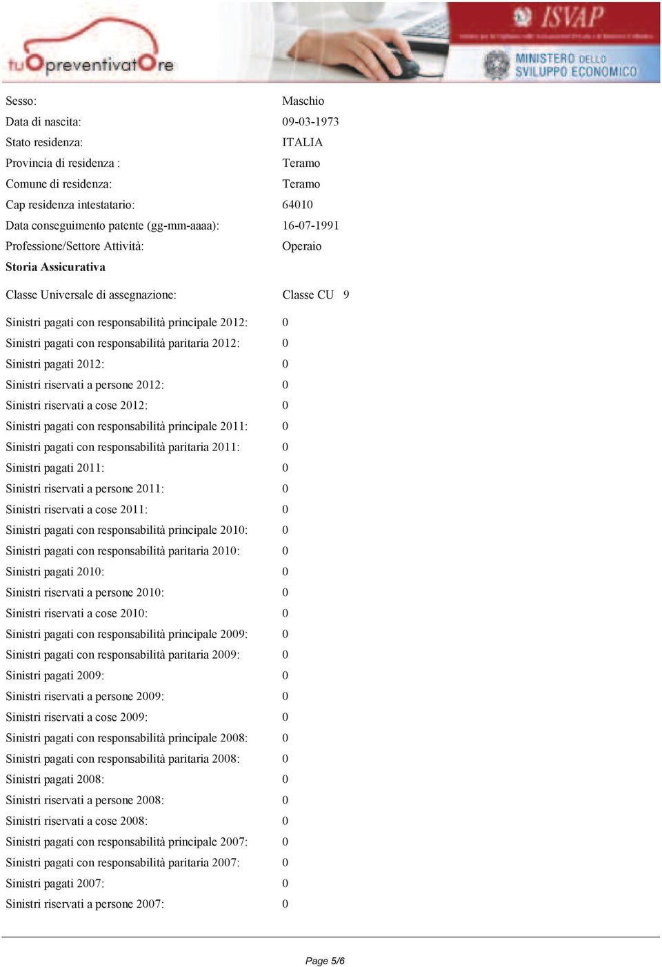 responsabilità paritaria 2012: 0 Sinistri pagati 2012: 0 Sinistri riservati a persone 2012: 0 Sinistri riservati a cose 2012: 0 Sinistri pagati con responsabilità principale 2011: 0 Sinistri pagati