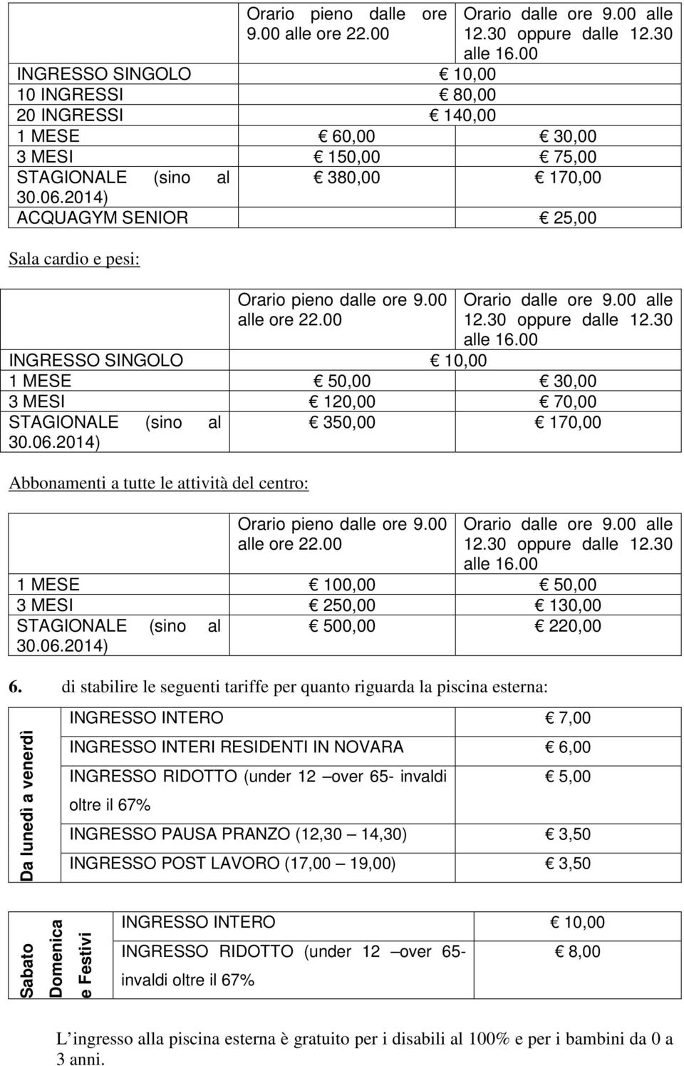 2014) ACQUAGYM SENIOR 25,00 Sala cardio e pesi: 00 INGRESSO SINGOLO 10,00 1 MESE 50,00 30,00 3 MESI 120,00 70,00 STAGIONALE (sino al 30.06.