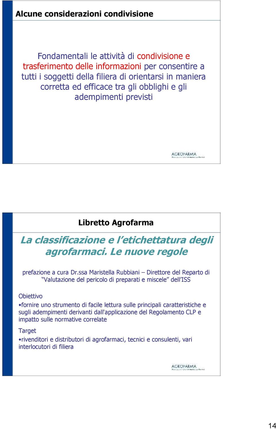 ssa Maristella Rubbiani Direttore del Reparto di Valutazione del pericolo di preparati e miscele dell ISS Obiettivo fornire uno strumento di facile lettura sulle principali caratteristiche