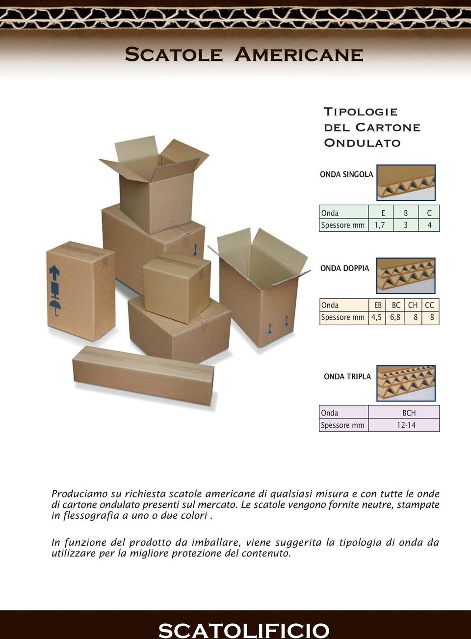 di cartone ondulato presenti sul mercato. Le scatole vengono fornite neutre, stampate in flessografia a uno o due colori.