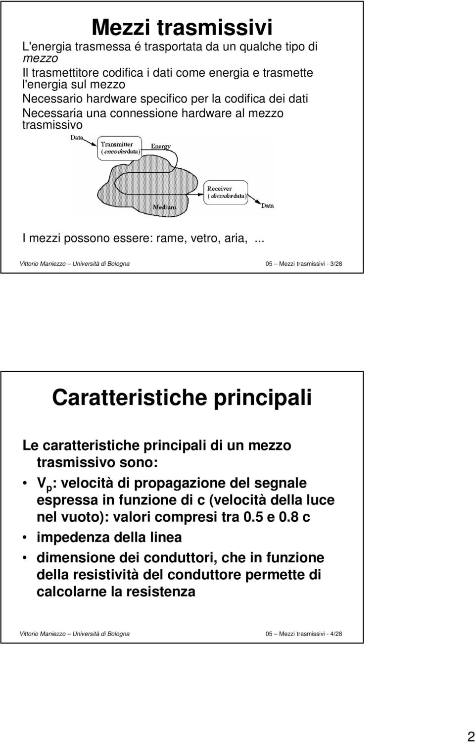 .. 05 Mezzi trasmissivi - 3/28 Caratteristiche principali Le caratteristiche principali di un mezzo trasmissivo sono: V p : velocità di propagazione del segnale espressa in funzione