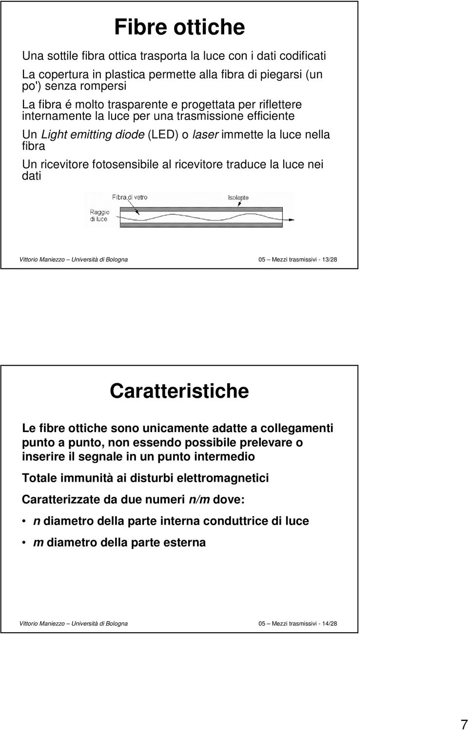 luce nei dati 05 Mezzi trasmissivi - 13/28 Caratteristiche Le fibre ottiche sono unicamente adatte a collegamenti punto a punto, non essendo possibile prelevare o inserire il segnale in un punto