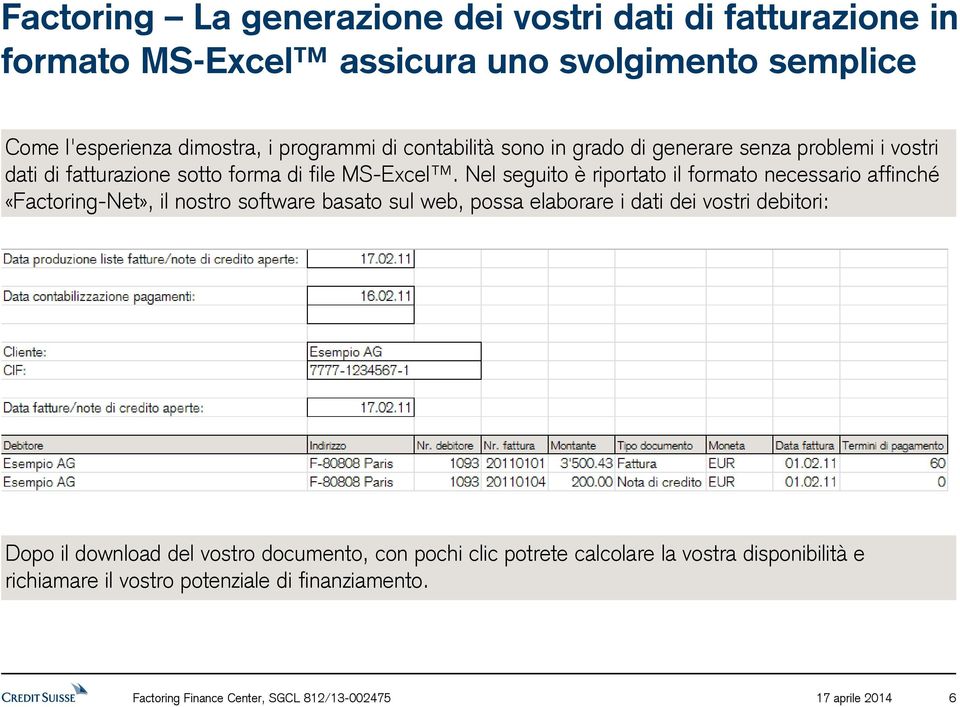 Nel seguito è riportato il formato necessario affinché «Factoring-Net», il nostro software basato sul web, possa elaborare i dati dei vostri debitori: Dopo