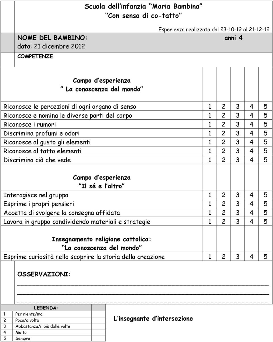 gusto gli elementi 1 2 3 4 5 Riconosce al tatto elementi 1 2 3 4 5 Discrimina ciò che vede 1 2 3 4 5 Campo d esperienza Il sé e l altro Interagisce nel gruppo 1 2 3 4 5 Esprime i propri pensieri 1 2