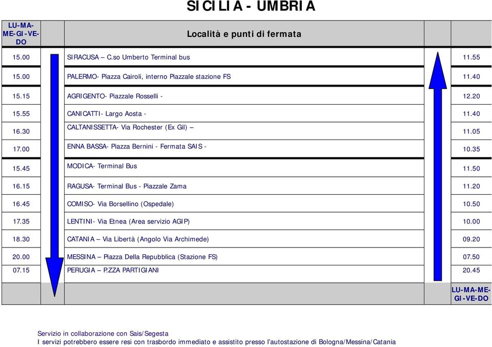 00 MESSINA Piazza Della Repubblica (Stazione FS) 07.50 07.15 PERUGIA P.ZZA PARTIGIANI 20.