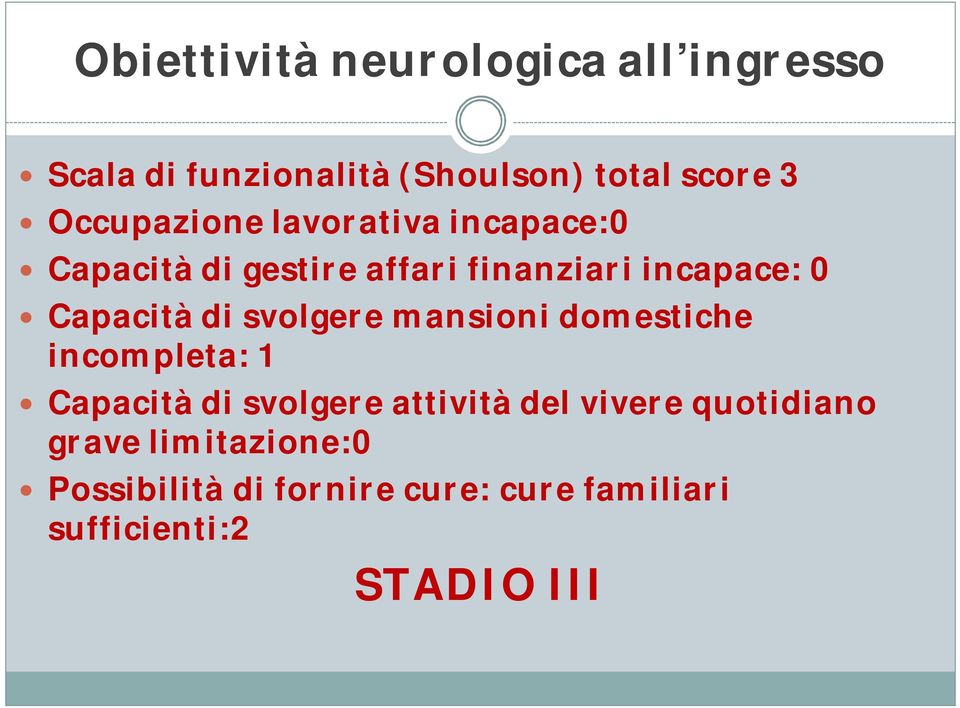 Capacità di svolgere mansioni domestiche incompleta: 1 Capacità di svolgere attività del