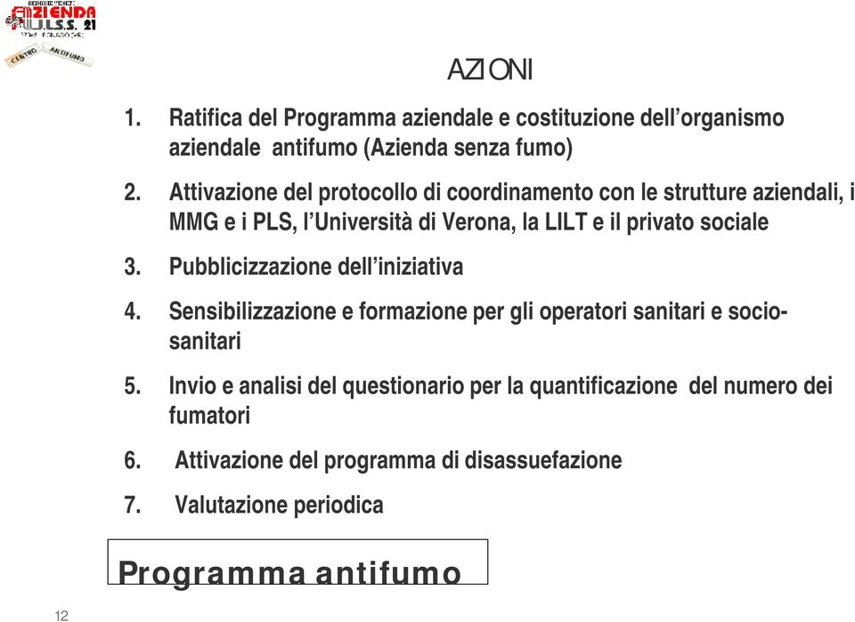 sociale 3. Pubblicizzazione dell iniziativa 4. Sensibilizzazione e formazione per gli operatori sanitari e sociosanitari 5.