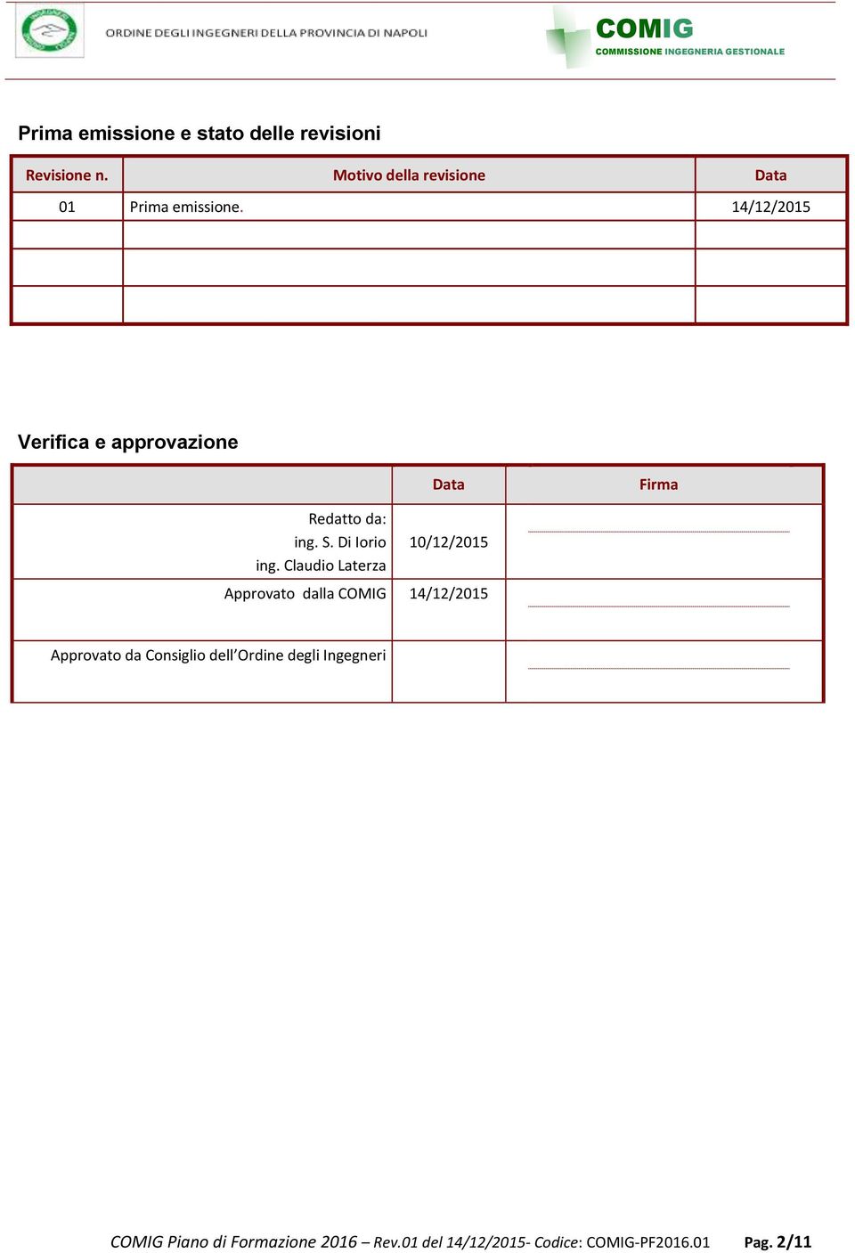 14/12/2015 Verifica e approvazione Data Firma Redatto da: ing. S. Di Iorio ing.