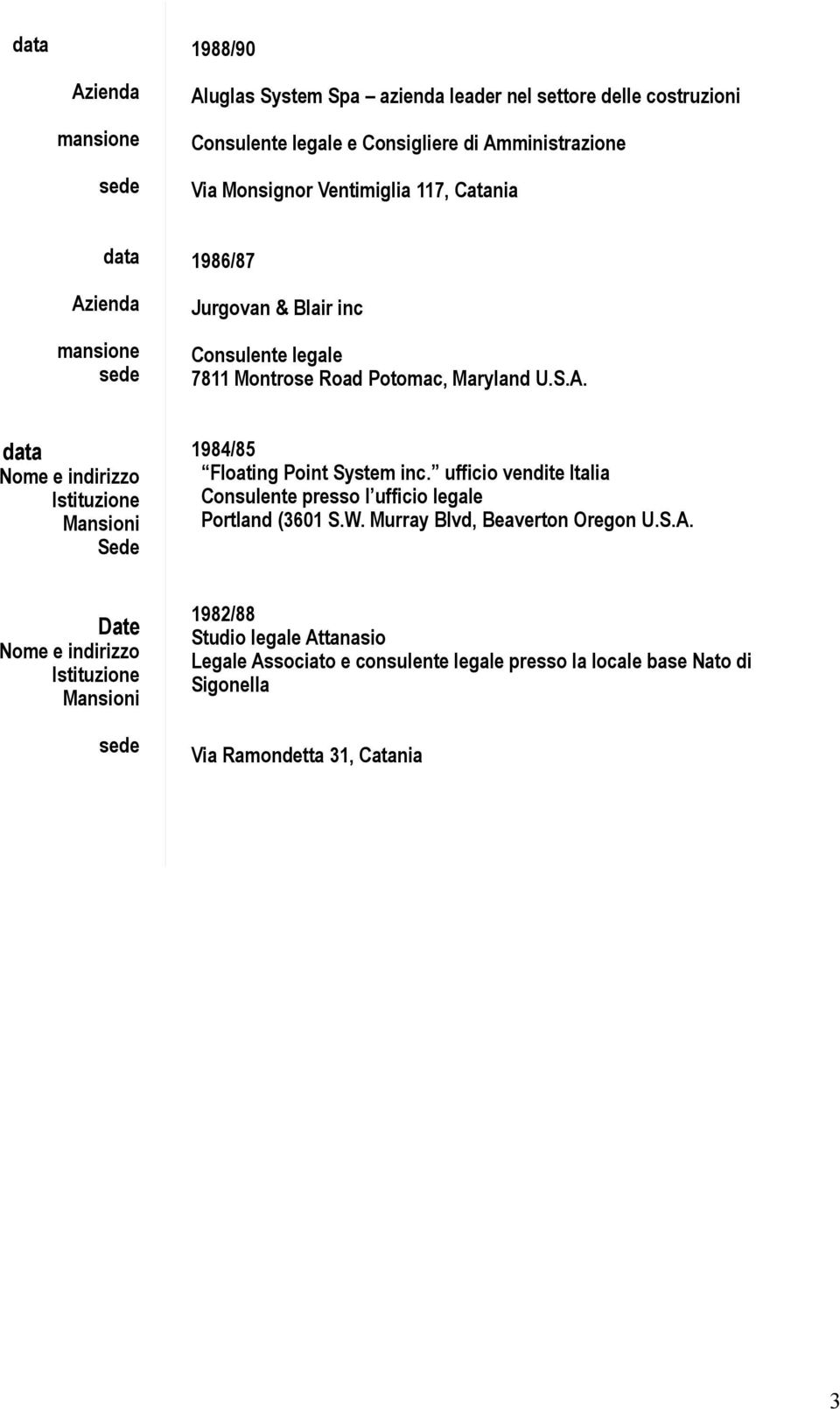 Consulente legale 7811 Montrose Road Potomac, Maryland U.S.A. 1984/85 Floating Point System inc. ufficio vendite Italia Consulente presso l ufficio legale Portland (3601 S.