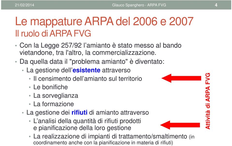 Da quella data il "problema amianto" è diventato: La gestione dell esistente attraverso Il censimento dell amianto sul territorio Le bonifiche La sorveglianza