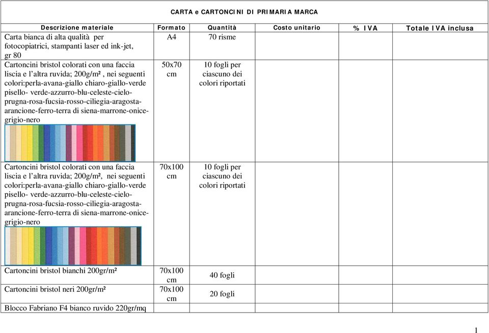 siena-marrone-onicegrigio-nero 50x70 10 fogli per ciascuno dei colori riportati Cartoncini bristol colorati con una faccia  siena-marrone-onicegrigio-nero 70x100 10 fogli per ciascuno dei colori