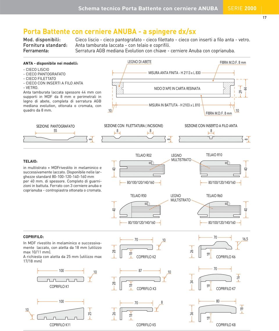 Ferramenta: Serratura AGB mediana Evolution con chiave - cerniere Anuba con coprianuba. ANTA - disponibile nei modelli: LEGNO DI ABETE FIBRA M.D.F. 8 mm - CIECO LISCIO - CIECO PANTOGRAFATO - CIECO FILETTATO - CIECO CON INSERTI A FILO ANTA - VETRO.