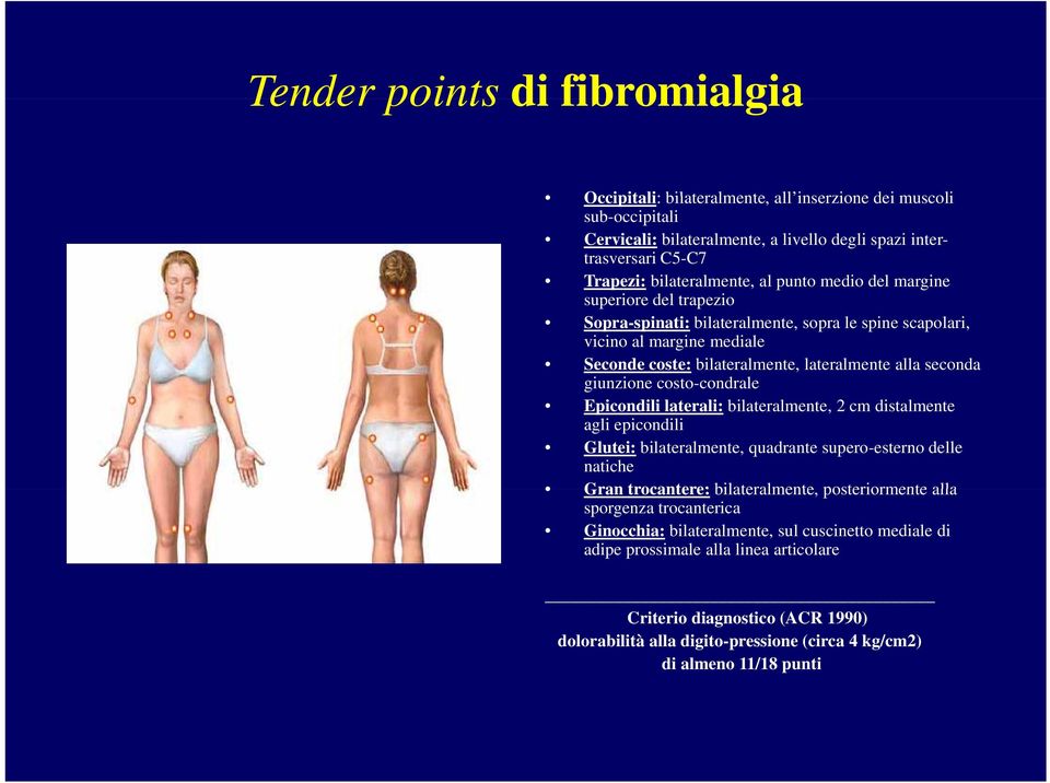 costo-condrale Epicondili laterali: bilateralmente, 2 cm distalmente agli epicondili Glutei: bilateralmente, quadrante supero-esterno delle natiche Gran trocantere: bilateralmente, posteriormente