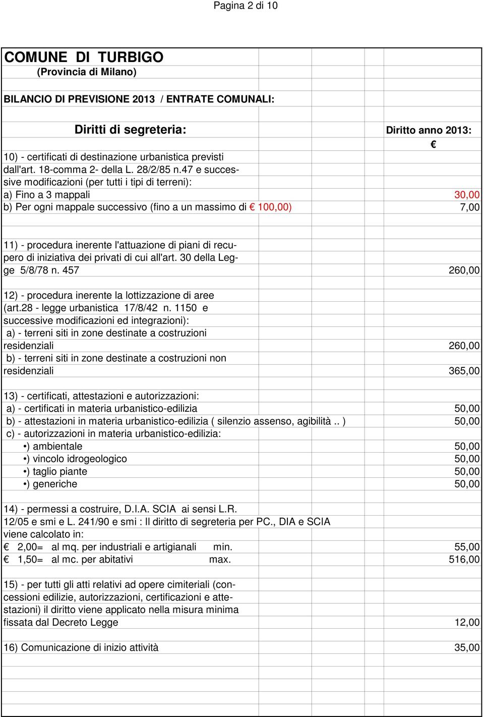 di recupero di iniziativa dei privati di cui all'art. 30 della Legge 5/8/78 n. 457 260,00 12) - procedura inerente la lottizzazione di aree (art.28 - legge urbanistica 17/8/42 n.