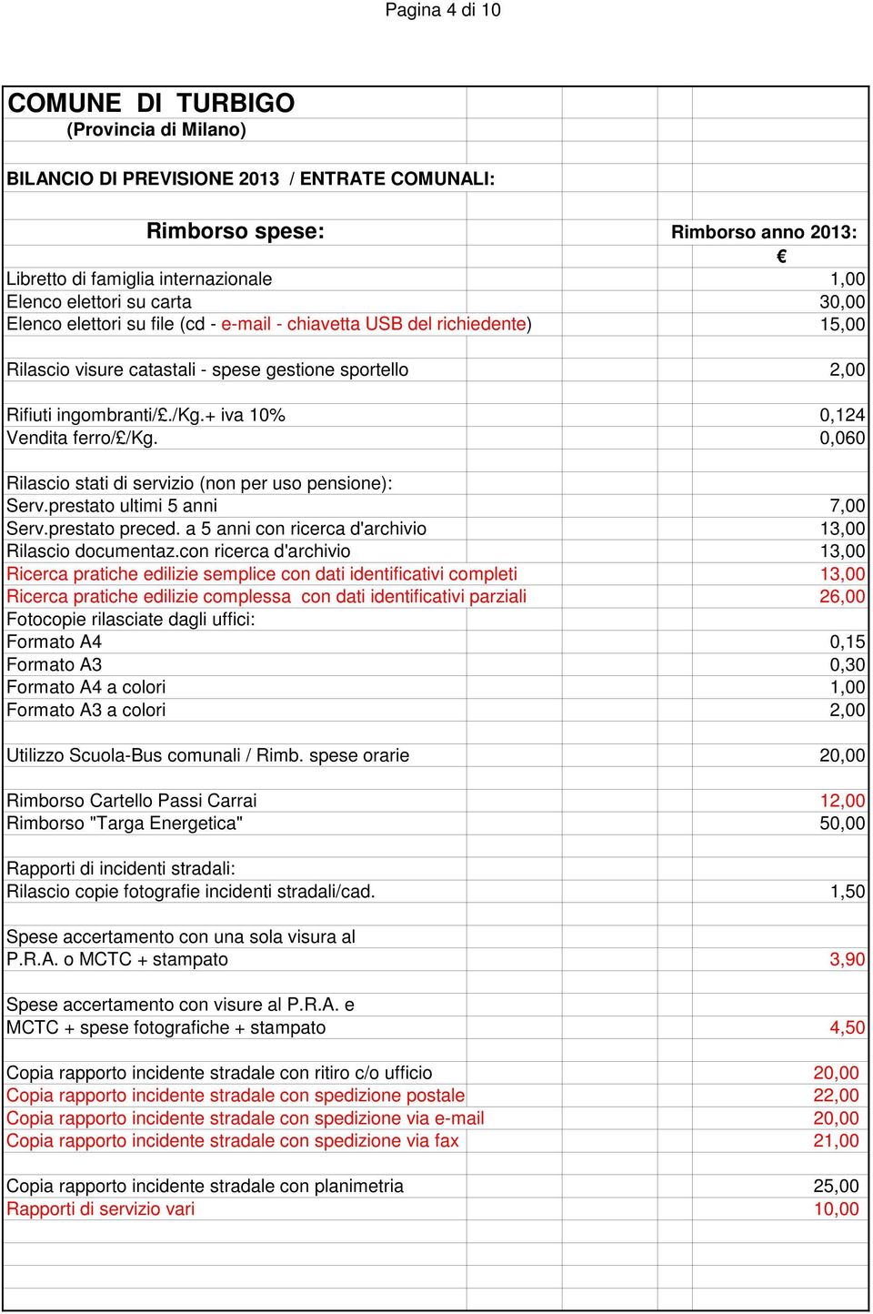 prestato ultimi 5 anni 7,00 Serv.prestato preced. a 5 anni con ricerca d'archivio 13,00 Rilascio documentaz.