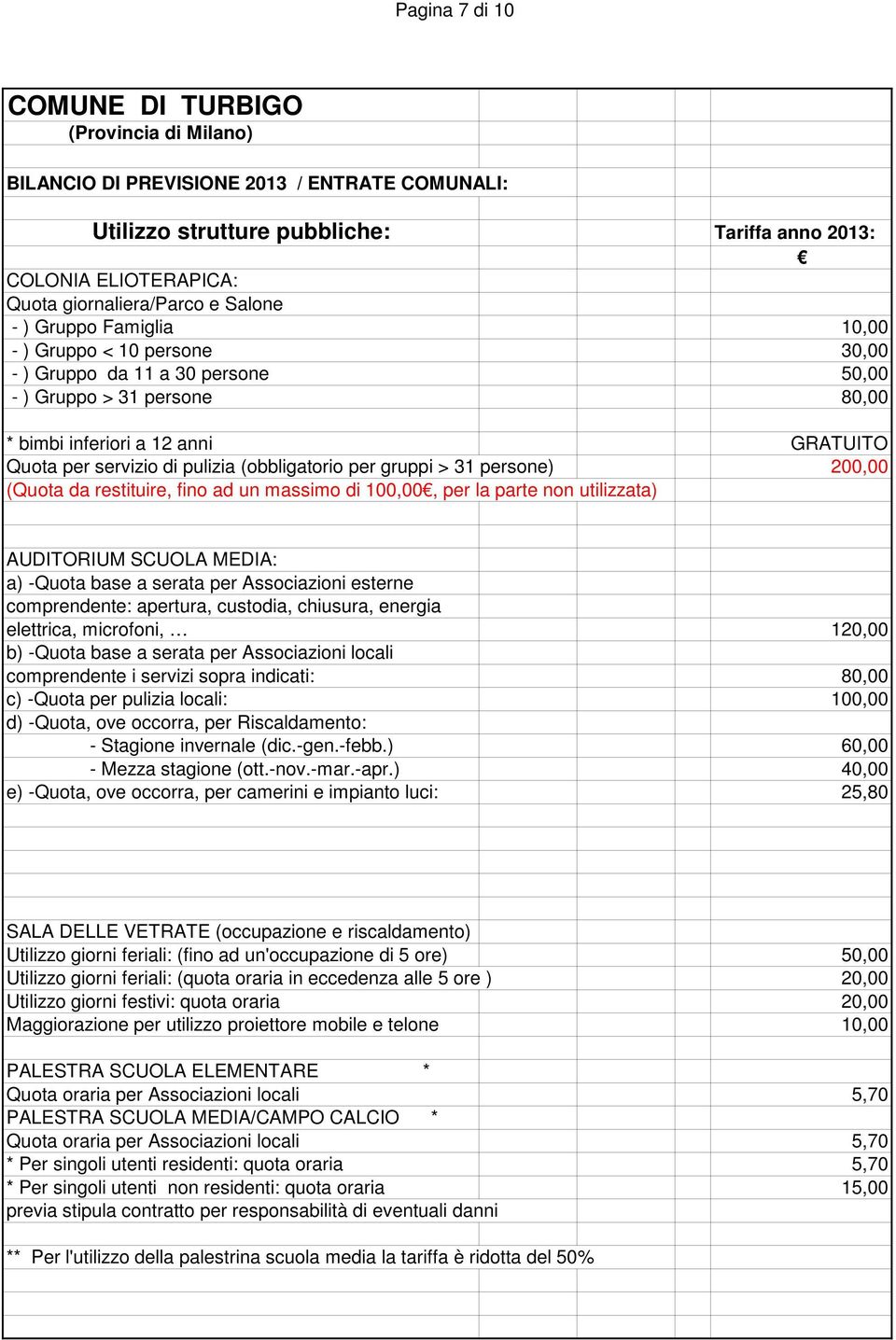 di 100,00, per la parte non utilizzata) AUDITORIUM SCUOLA MEDIA: a) -Quota base a serata per Associazioni esterne comprendente: apertura, custodia, chiusura, energia elettrica, microfoni, 120,00 b)