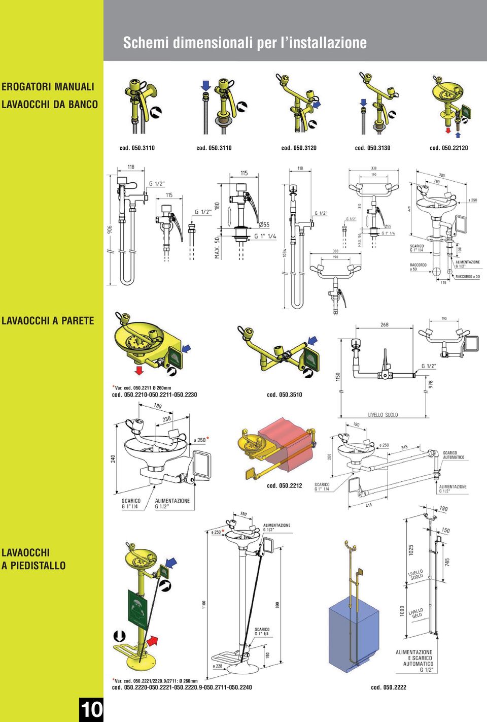 2230 cod. 050.3510 cod. 050.2212 LAVAOCCHI A PIEDISTALLO LIVELLO SUOLO LIVELLO GELO 10 Var. cod. 050.2221/2220.