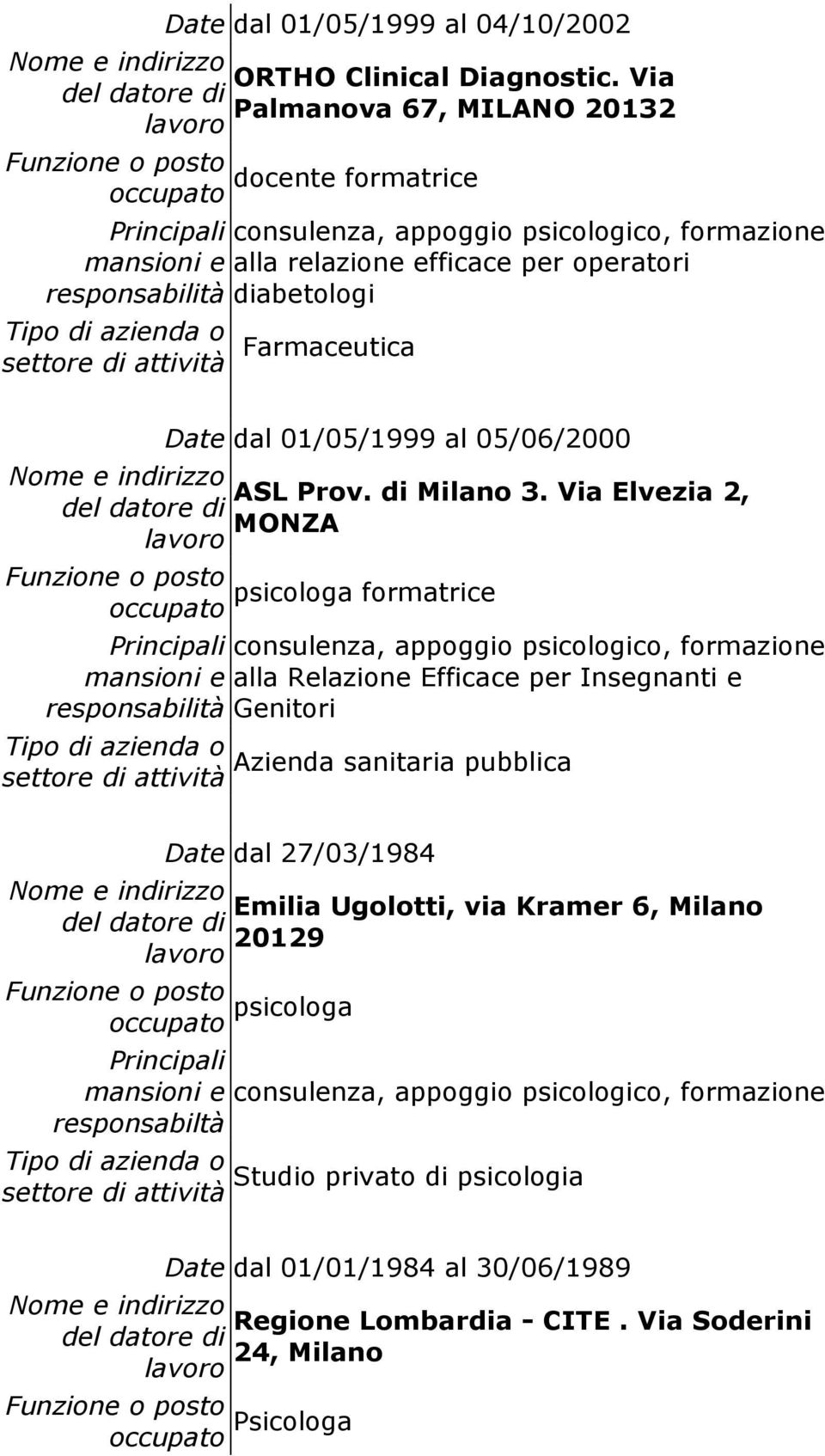 01/05/1999 al 05/06/2000 ASL Prov. di Milano 3.