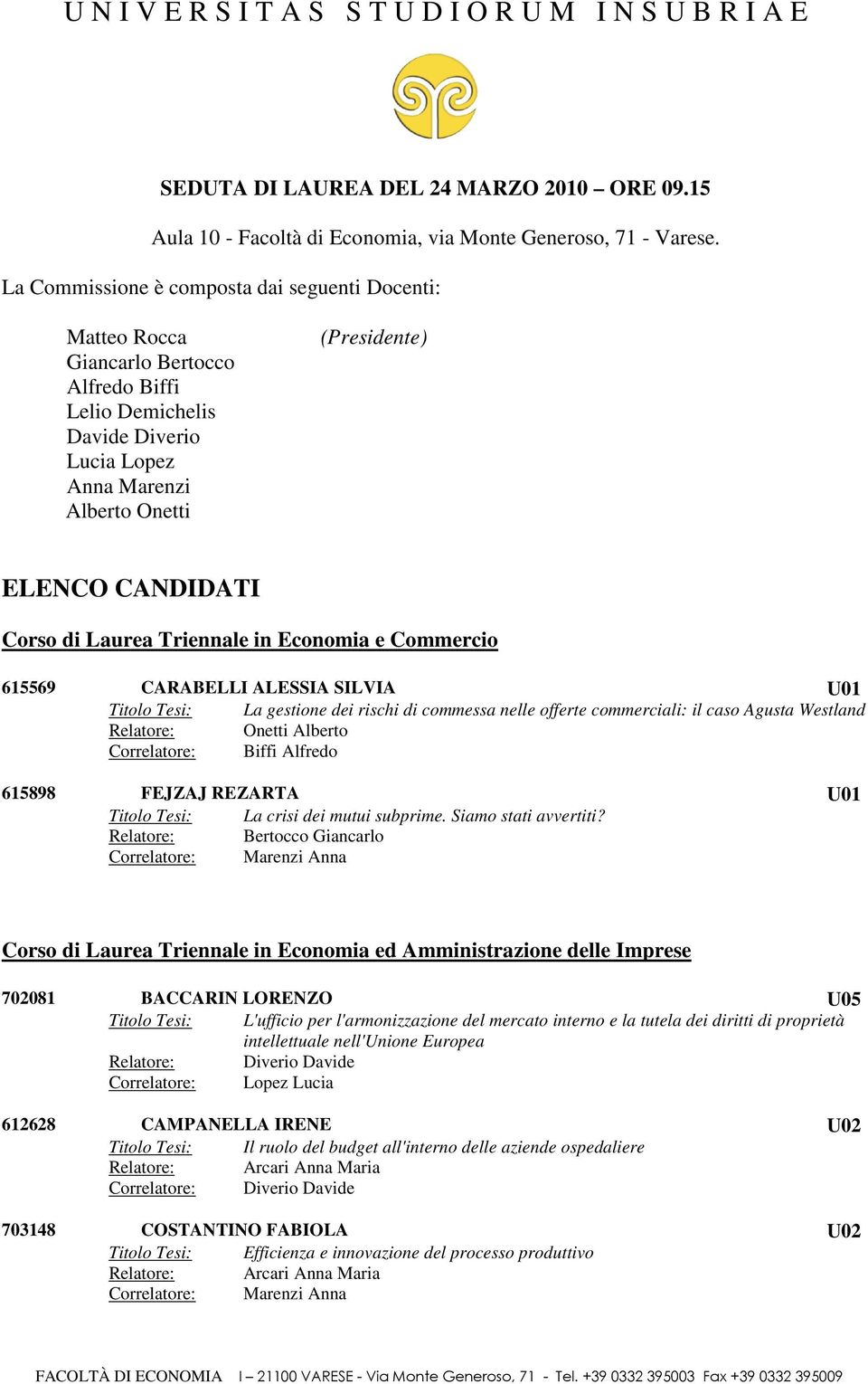 Corso di Laurea Triennale in Economia e Commercio 615569 CARABELLI ALESSIA SILVIA U01 Titolo Tesi: La gestione dei rischi di commessa nelle offerte commerciali: il caso Agusta Westland Relatore: