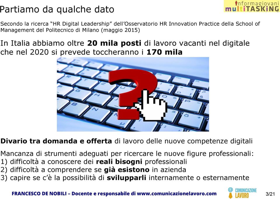 e offerta di lavoro delle nuove competenze digitali Mancanza di strumenti adeguati per ricercare le nuove figure professionali: 1) difficoltà a conoscere dei