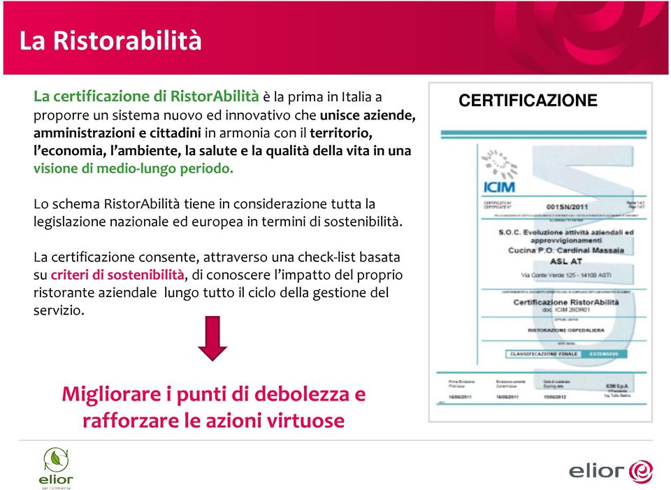 CERTIFICAZIONE Lo schema RistorAbilità tiene in considerazione tutta la legislazione nazionale ed europea in termini di sostenibilità.