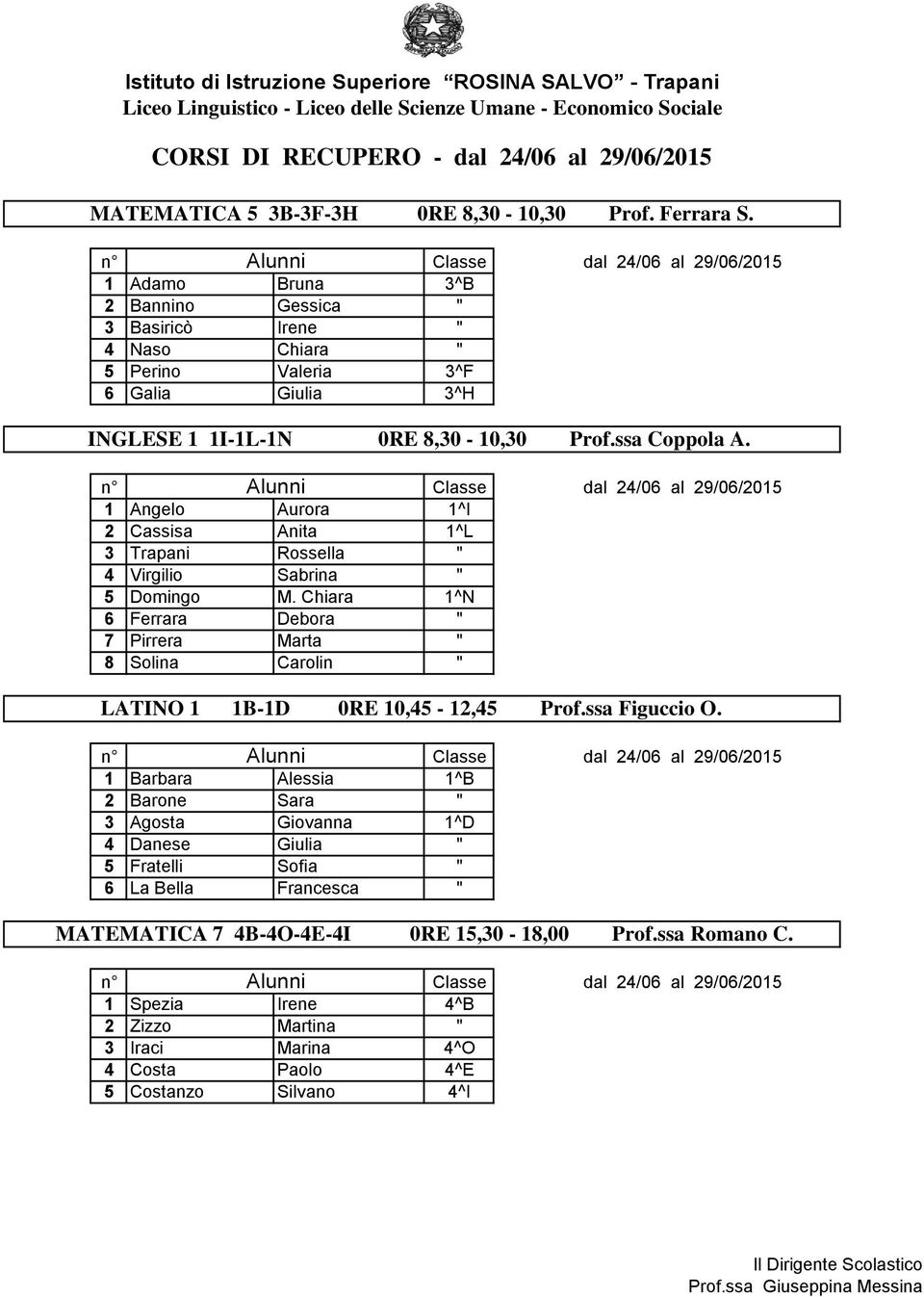 1 Angelo Aurora 1^I 2 Cassisa Anita 1^L 3 Trapani Rossella " 4 Virgilio Sabrina " 5 Domingo M. Chiara 1^N 6 Ferrara Debora " 7 Pirrera Marta " 8 Solina Carolin " LATINO 1 1B-1D 0RE 10,45-12,45 Prof.