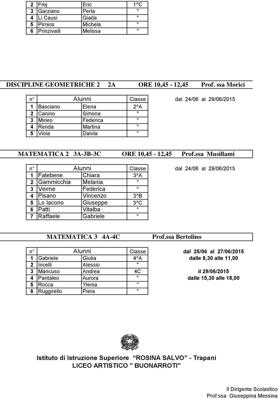 ssa Musillami 1 Fatebene Chiara 3^A 2 Gammicchia Melania " 3 Verme Federica " 4 Pisano Vincenzo 3^B 5 Lo Iacono Giuseppe 3^C 6 Patti Vitalba " 7 Raffaele Gabriele " MATEMATICA 3 4A-4C Prof.