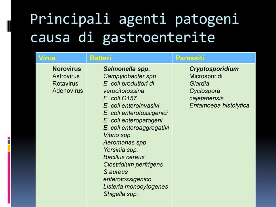 coli enteropatogeni E. coli enteroaggregativi Vibrio spp. Aeromonas spp. Yersinia spp. Bacillus cereus Clostridium perfrigens S.