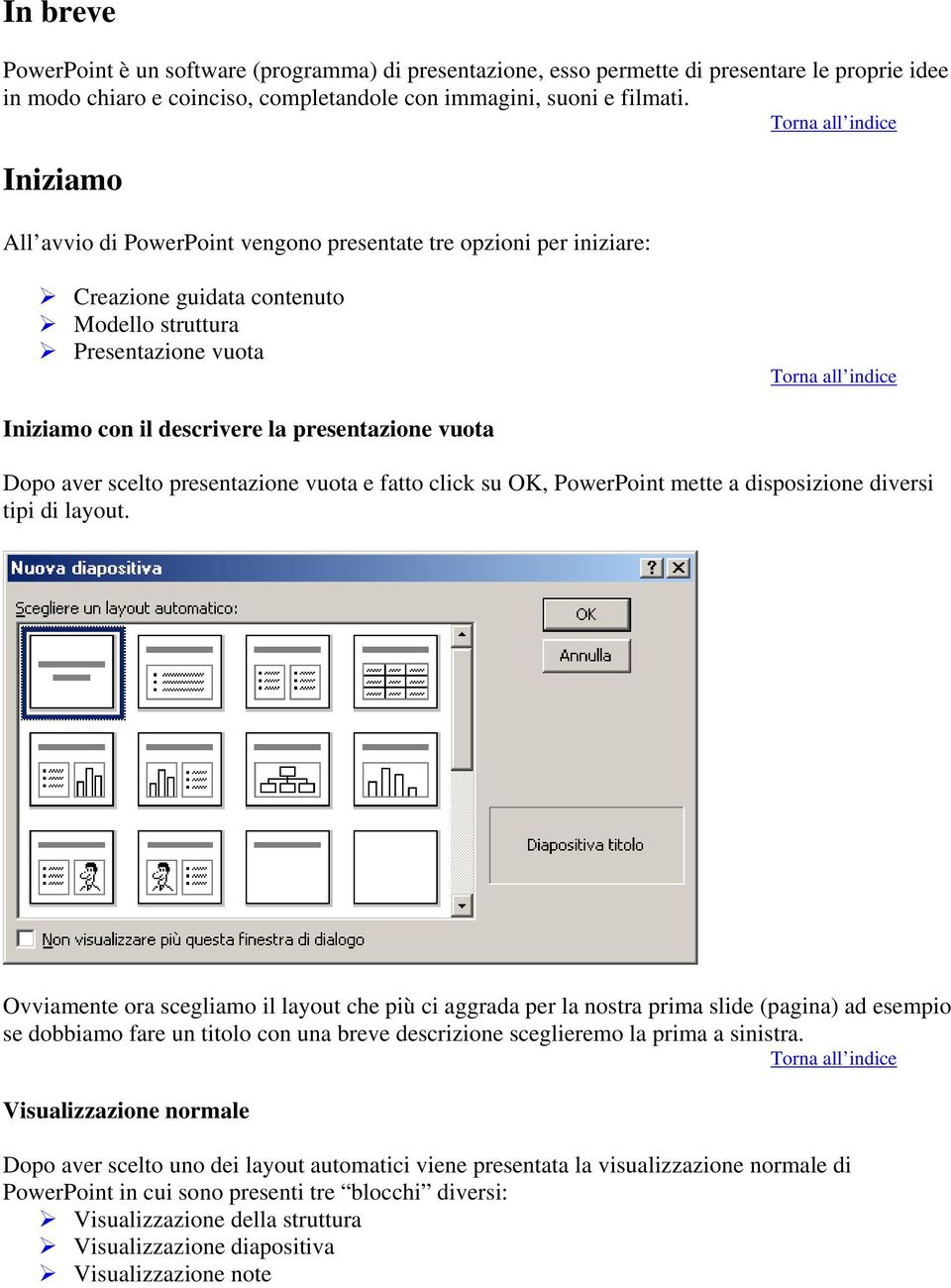aver scelto presentazione vuota e fatto click su OK, PowerPoint mette a disposizione diversi tipi di layout.
