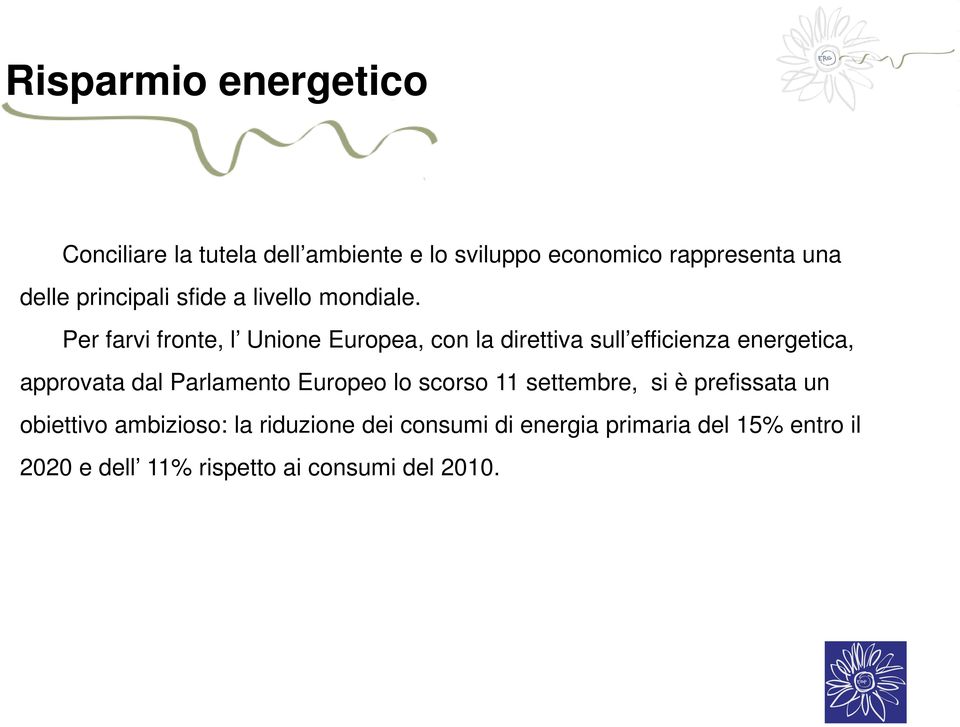 Per farvi fronte, l Unione Europea, con la direttiva sull efficienza energetica, approvata dal Parlamento