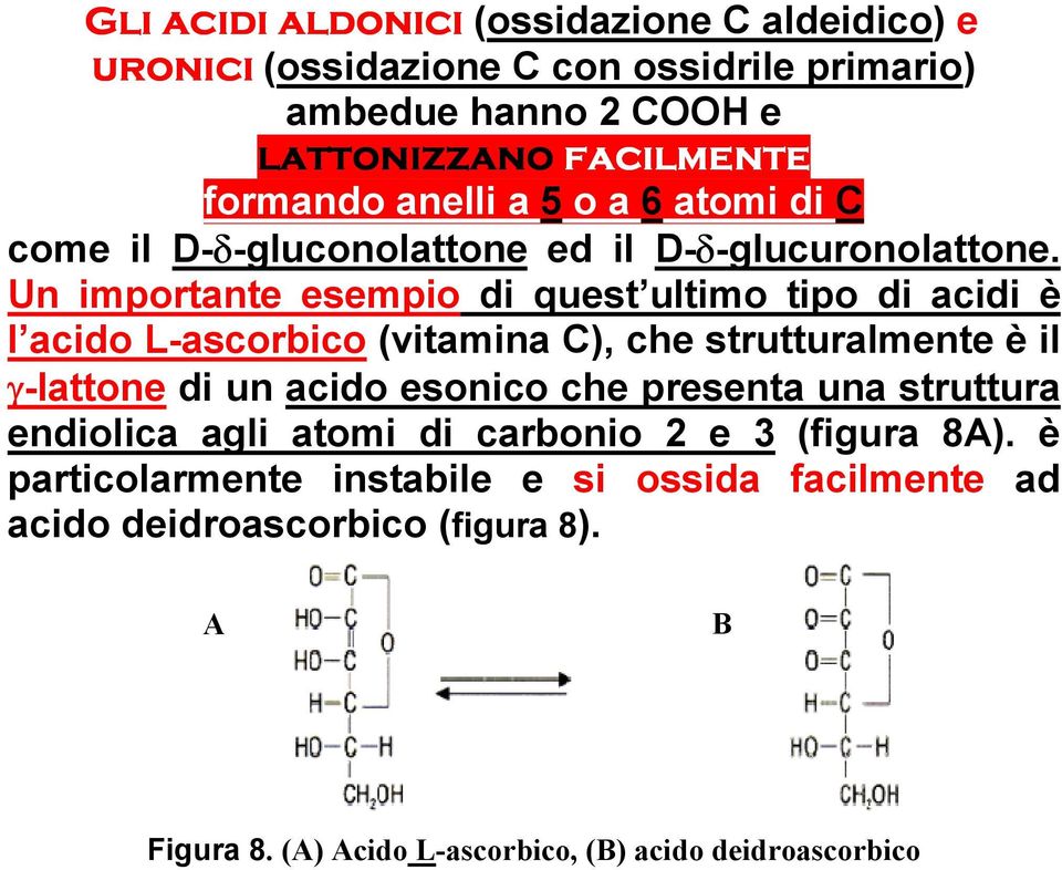 Un importante esempio di quest ultimo tipo di acidi è l acido L-ascorbico (vitamina C), che strutturalmente è il γ-lattone di un acido esonico che
