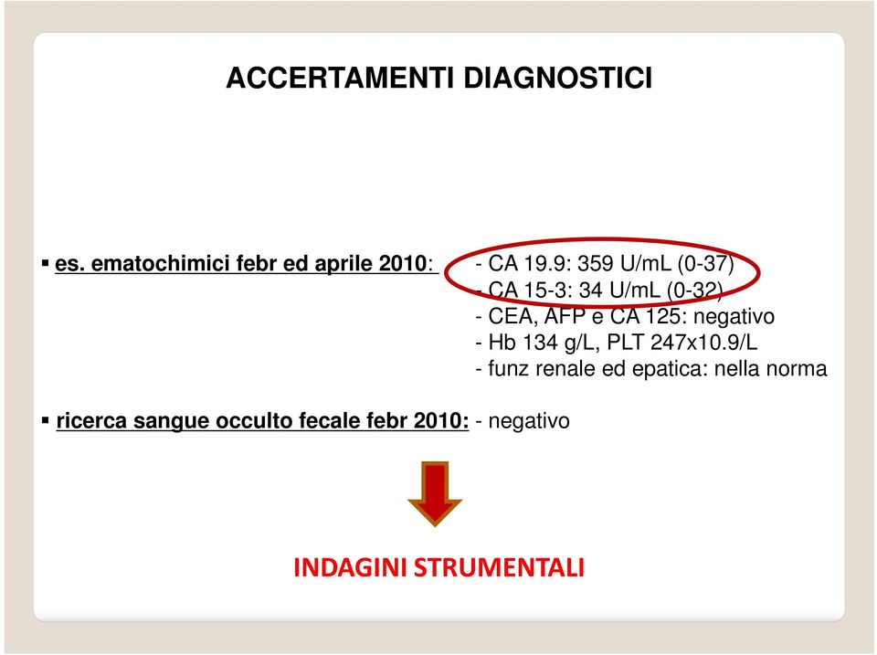 negativo - Hb 134 g/l, PLT 247x10.