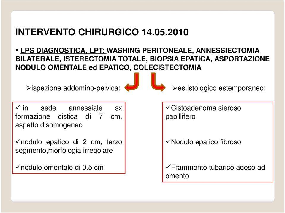 NODULO OMENTALE ed EPATICO, COLECISTECTOMIA ispezione addomino-pelvica: es.