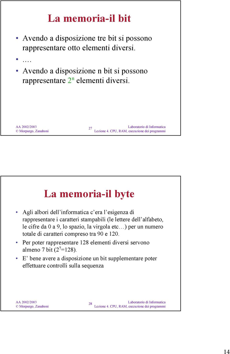 27 La memoria-il byte Agli albori dell informatica c era l esigenza di rappresentare i caratteri stampabili (le lettere dell alfabeto, le cifre da