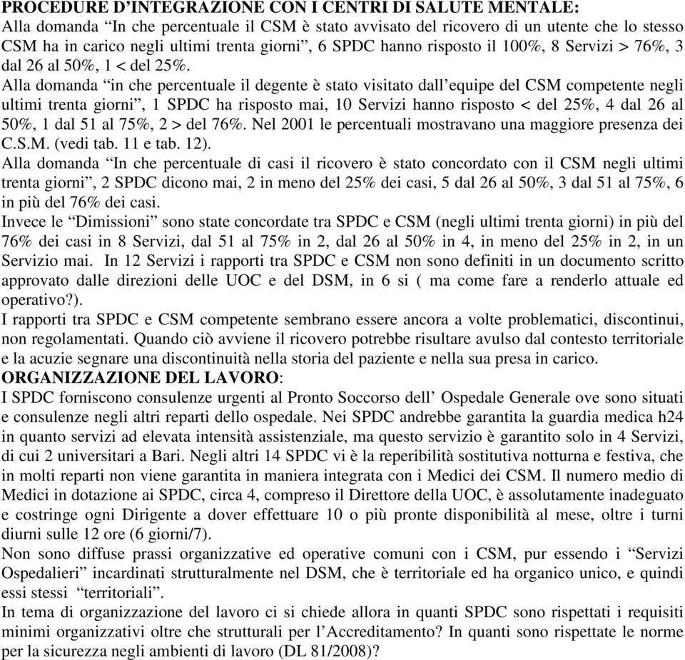 Alla domanda in che percentuale il degente è stato visitato dall equipe del CSM competente negli ultimi trenta giorni, 1 SPDC ha risposto mai, 10 Servizi hanno risposto < del 25%, 4 dal 26 al 50%, 1