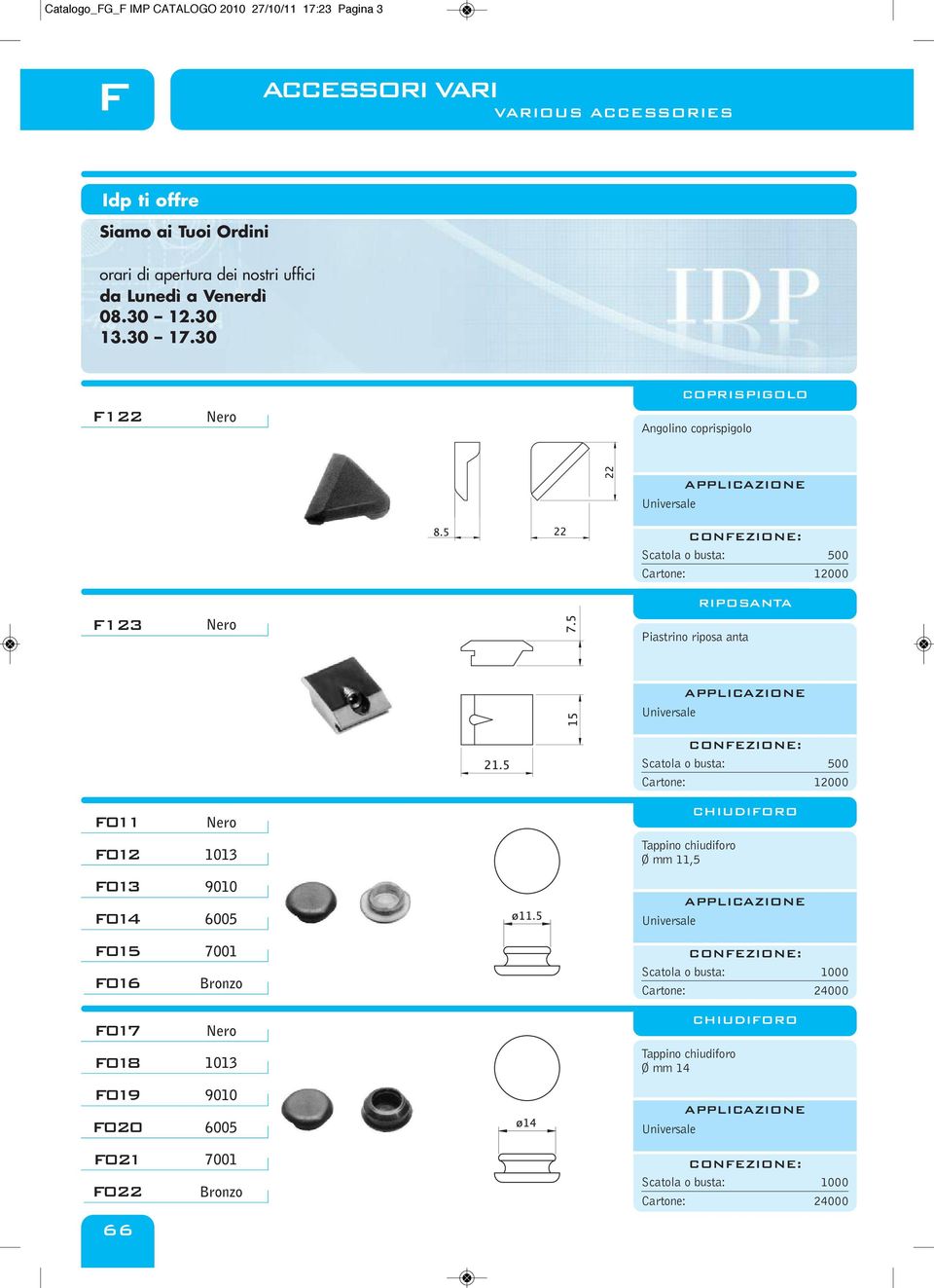 30 122 COPRISPIGOLO Angolino coprispigolo 500 12000 123 RIPOSANTA Piastrino riposa anta 500 12000 011 CHIUDIORO