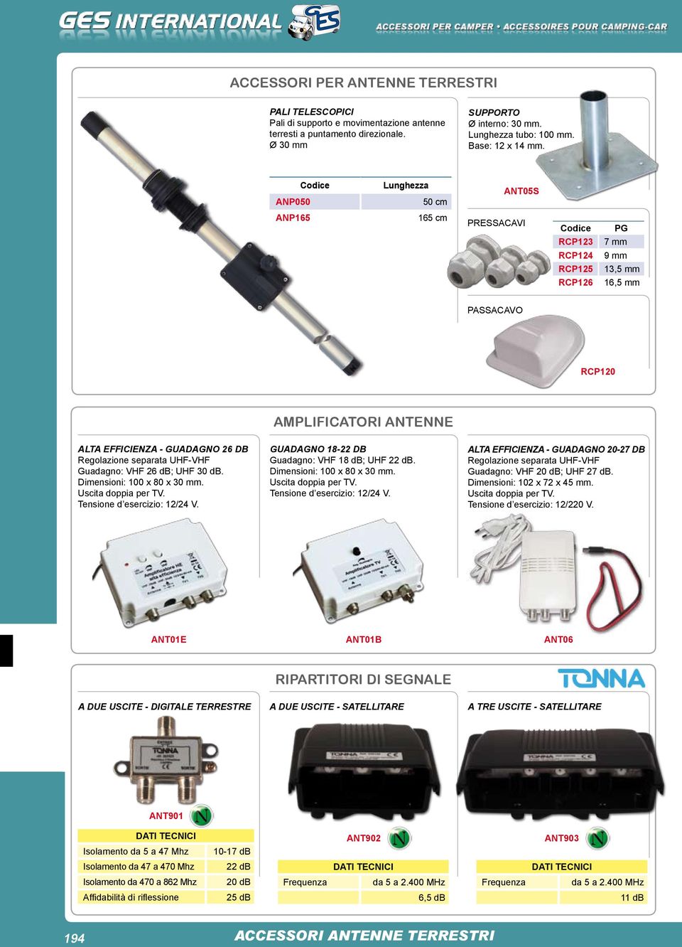 ANP050 Lunghezza 50 cm ANT05S ANP165 165 cm PRESSACAVI PG RCP123 7 mm RCP124 9 mm RCP125 13,5 mm RCP126 16,5 mm PASSACAVO RCP120 AMPLIFICATORI ANTENNE ALTA EFFICIENZA - GUADAGNO 26 Db Regolazione