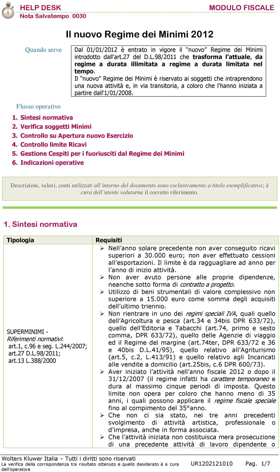 Sintesi normativa 2. Verifica soggetti Minimi 3. Controllo su Apertura nuovo Esercizio 4. Controllo limite Ricavi 5. Gestione Cespiti per i fuoriusciti dal Regime dei Minimi 6.