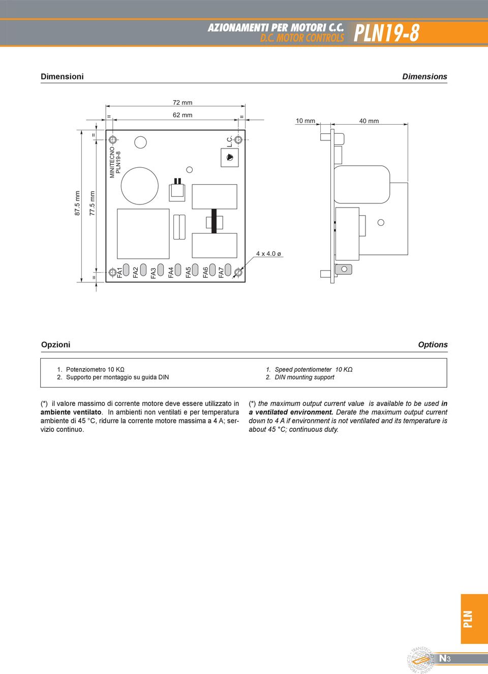 Speed potentiometer KΩ DIN mounting support (*) il valore massimo di corrente motore deve essere utilizzato in ambiente ventilato.