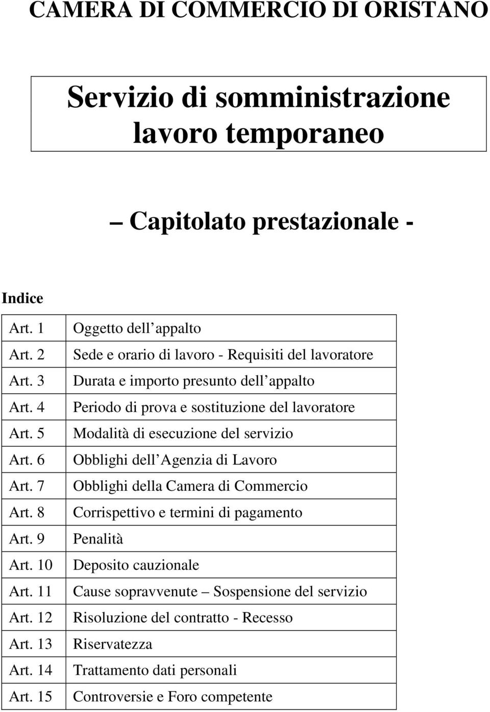 15 Oggetto dell appalto Sede e orario di lavoro - Requisiti del lavoratore Durata e importo presunto dell appalto Periodo di prova e sostituzione del lavoratore Modalità di