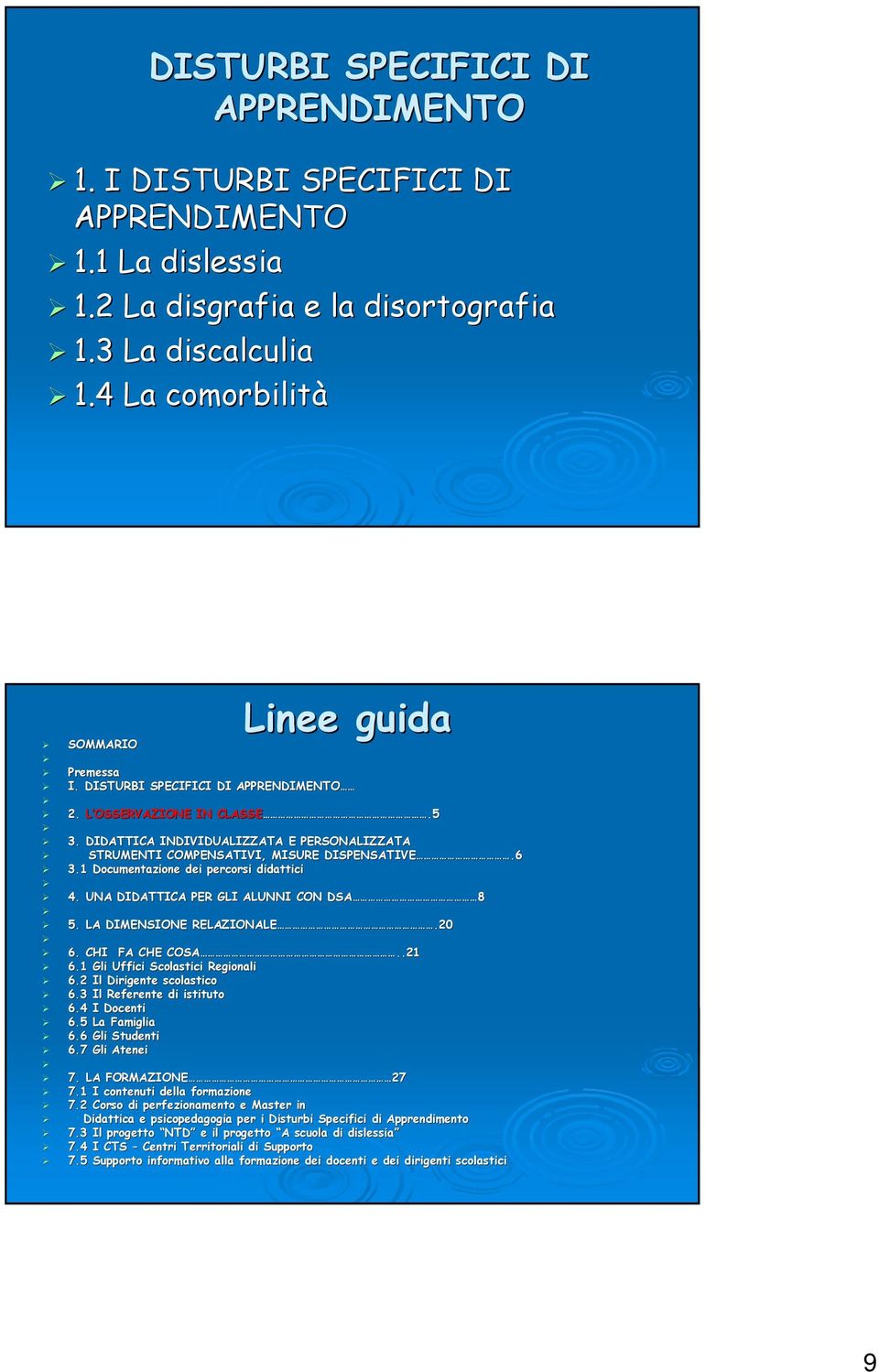 1 Documentazione dei percorsi didattici 4. UNA DIDATTICA PER GLI ALUNNI CON DSA 8 5. LA DIMENSIONE RELAZIONALE.20 6. CHI FA CHE COSA..21.21 6.1 Gli Uffici Scolastici Regionali 6.