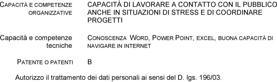 tecniche CONOSCENZA WORD, POWER POINT, EXCEL, BUONA CAPACITÀ DI NAVIGARE IN INTERNET