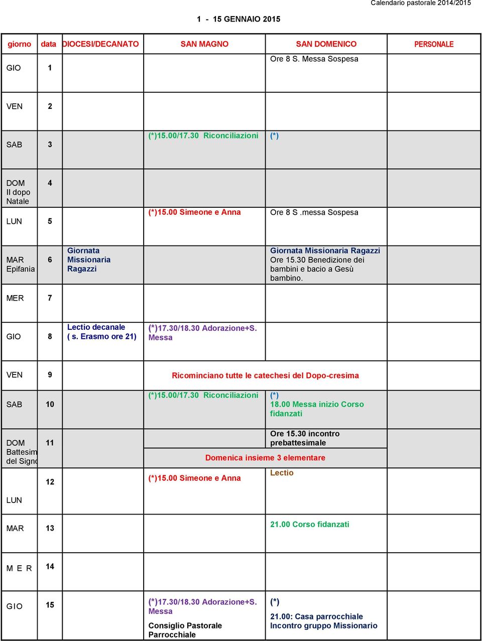 30/18.30 Adorazione+S. 9 Ricominciano tutte le catechesi del Dopo-cresima 10 11 Battesimo del Signore 12 15.00/17.30 Riconciliazioni 18.00 inizio Corso fidanzati 15.