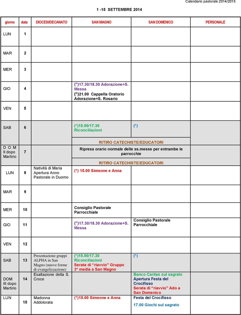 00 Simeone e Anna RITIRO CATECHISTE/EDUCATORI 9 10 Consiglio Pastorale Parrocchiale 11 17.30/18.30 Adorazione+S.